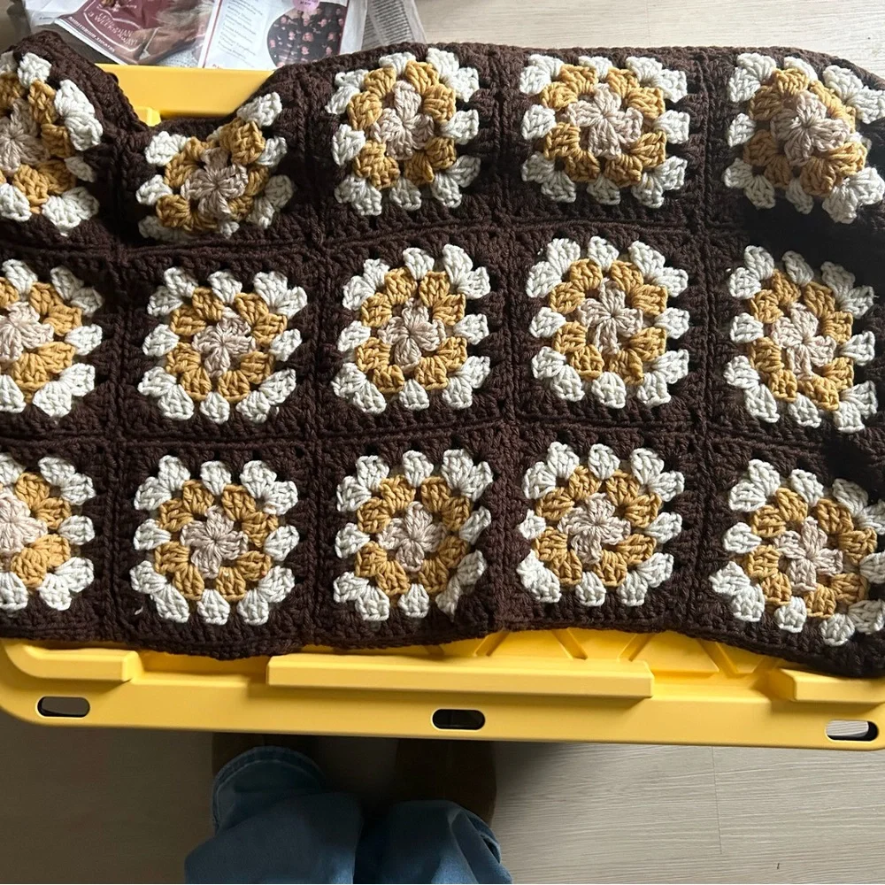 Vintage Granny Square Brown Cream Yellow Handmade Crochet Baby or Lap Blanket